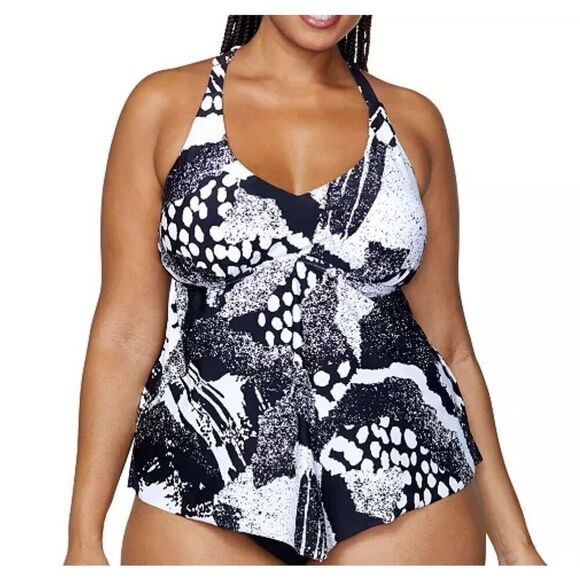 Raisins Aviva Diamond Head Plus Size Tankini Swim Top Racerback Black White  14W - Picture 1 of 8